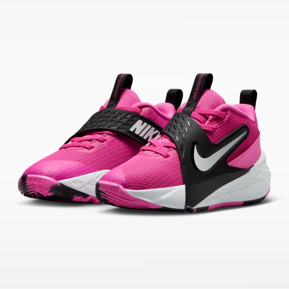 Nike Team Hustle D 12 basketball shoes in the Laser Fuchsia/Black colorway